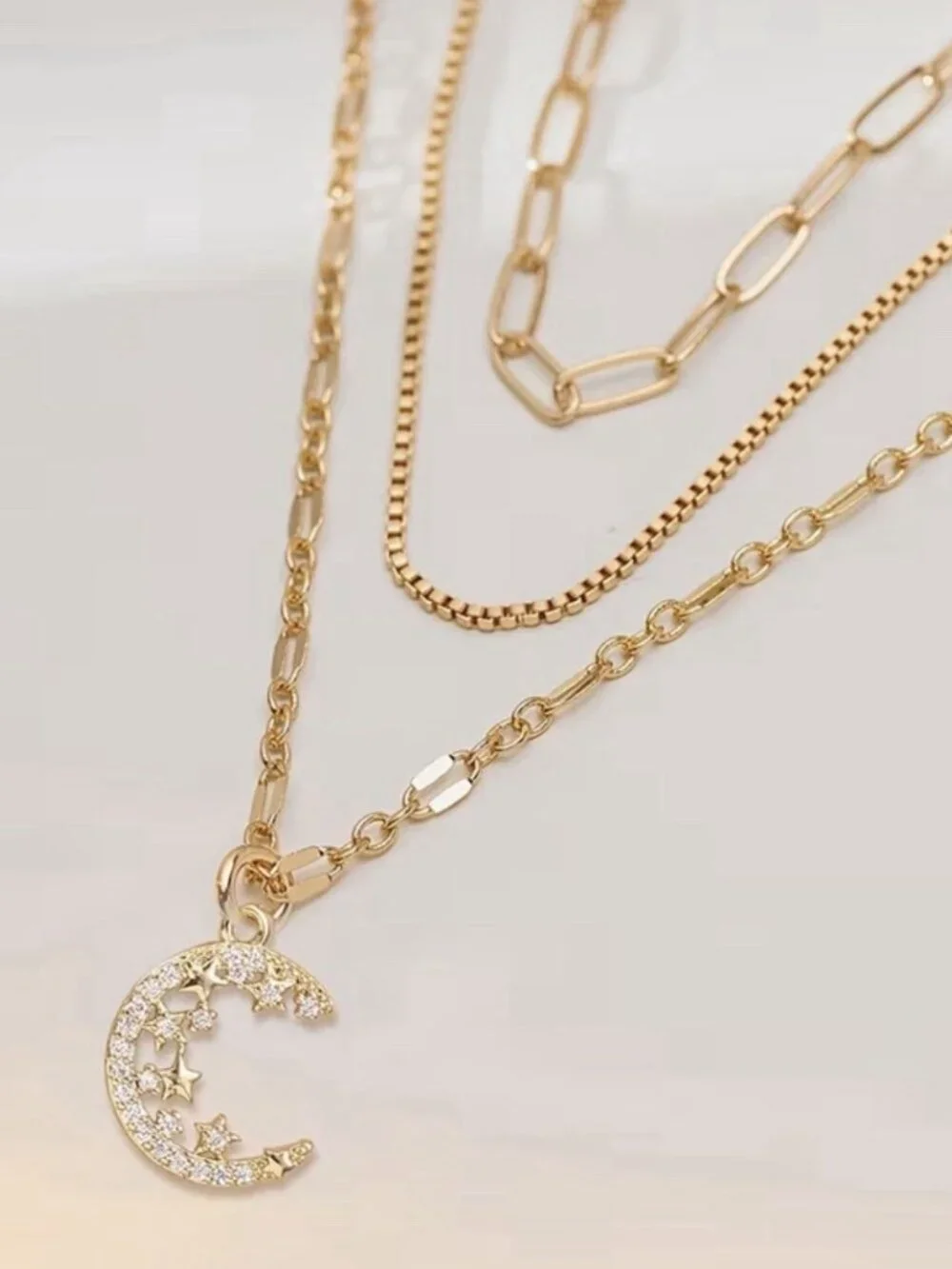 18K Gold Plated 3pc Layered Moon Chain Necklace Stainless Steel Womens Jewelry